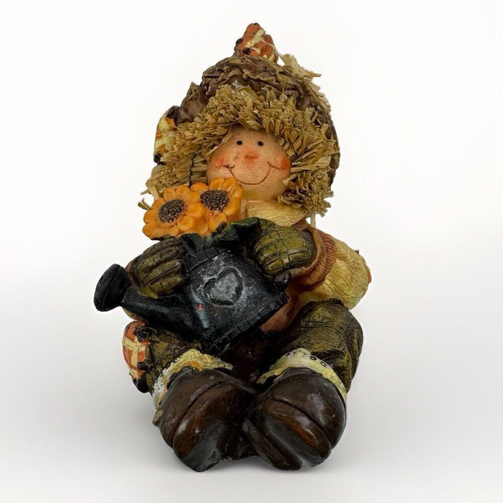 Vintage Scarecrow Fall Figurine Sitting Watering Can Straw Hair Thanksgiving